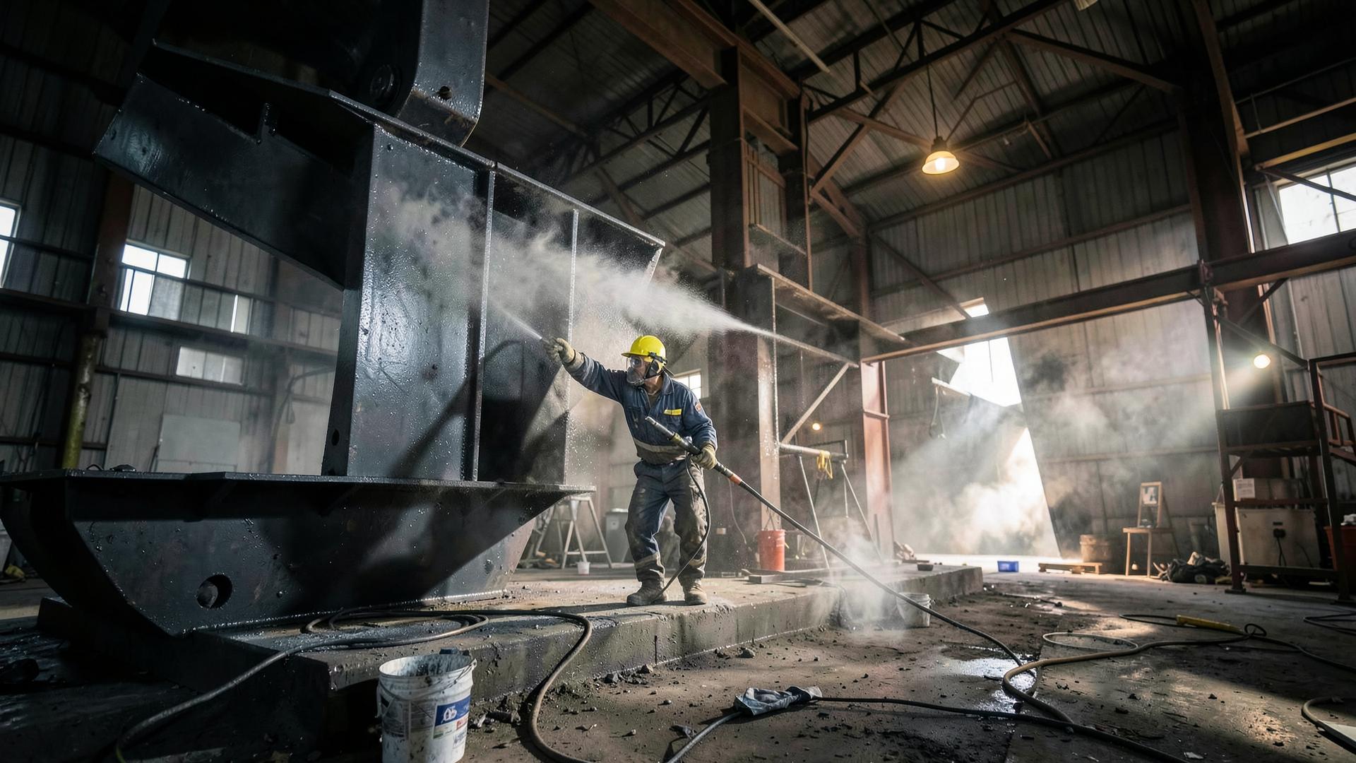 Commercial painter spray painting structural steel